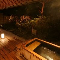 部屋にあるとは思えない庭園露天風呂。オススメの時間は夜。