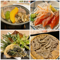 夕食　イノシシ陶板焼、信州サーモン、手打ちそば