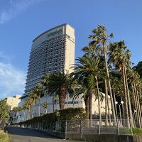 散歩中にホテル全景を。南国のような木々は夜にライトアップ