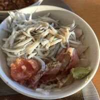 朝食ビュッフェ。海鮮丼を作って食べました。しらす美味しい！